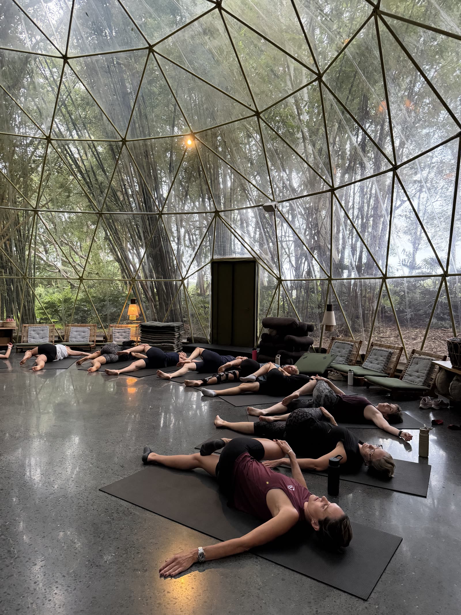 A group resting on mats inside a glass dome surrounded by trees